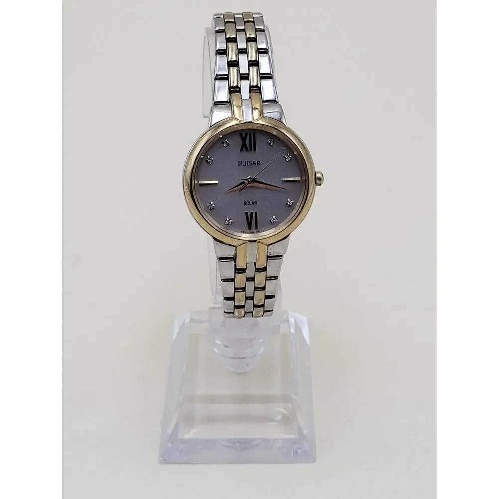 Pulsar Solar Womens Wristwatch Two Tone Silver Gold Stainless Steel AS01 672090